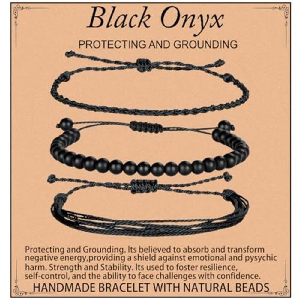 Healing Gemstone Bracelet Onyx Adjustable Rope Waterproof Unisex Set Of 3